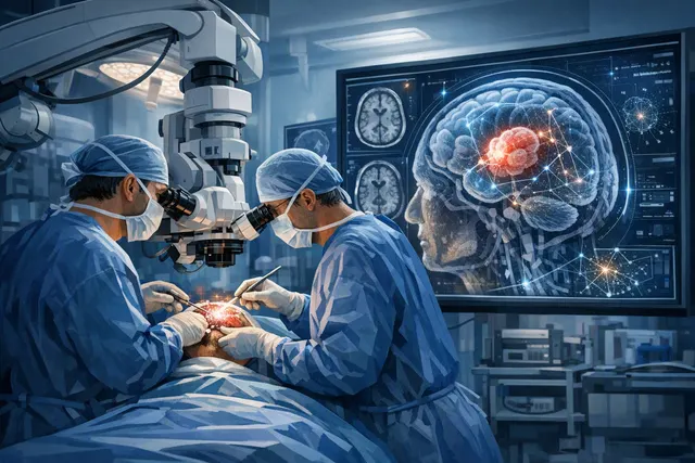 Editorial illustration of surgeons using real-time AI visual guidance during brain tumour surgery