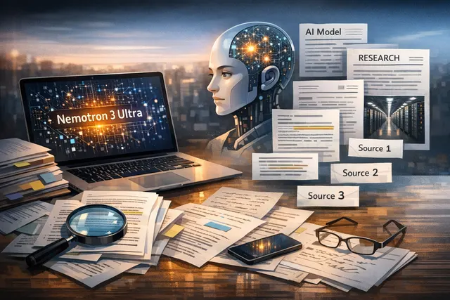 Nvidia logo with Nemotron 3 Ultra branding and AI neural network visualization
