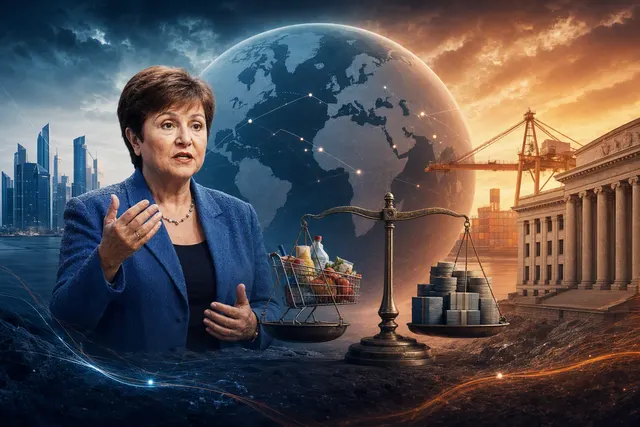 Editorial illustration of global economic risks involving inflation, public debt and artificial intelligence investment