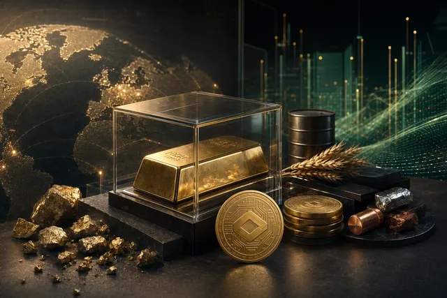 Illustration of tokenized real-world assets and gold-backed crypto tokens on blockchain networks