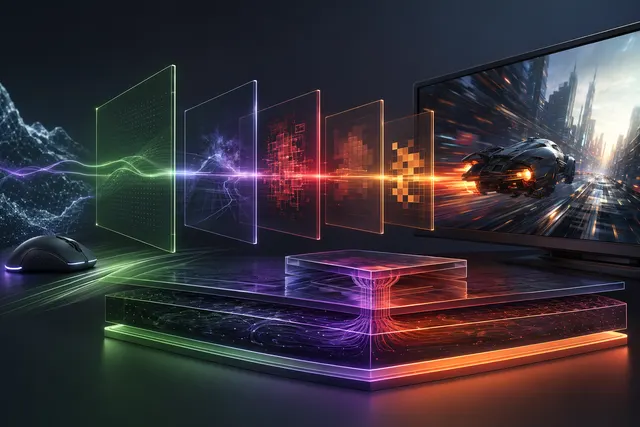 Conceptual illustration of a Vulkan layer reducing gaming latency across AMD, Nvidia, and Intel GPUs on Linux