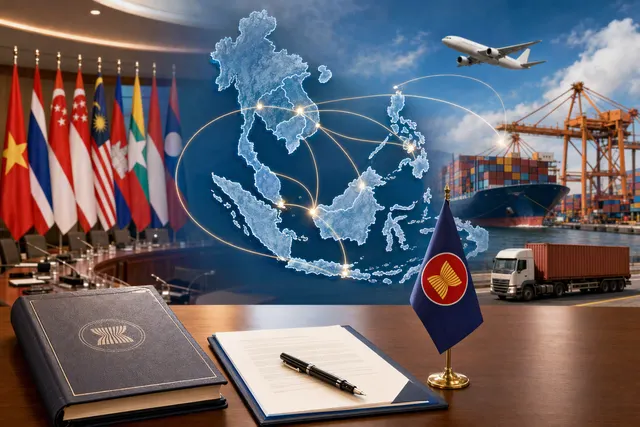 AI-generated editorial illustration accompanying an article about ASEAN’s upgraded goods trade agreement