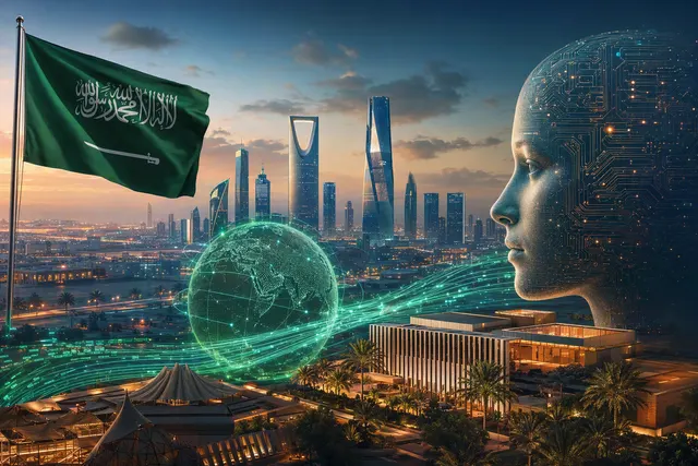 Editorial illustration representing Saudi Arabia’s sovereign AI strategy and open-weight language models