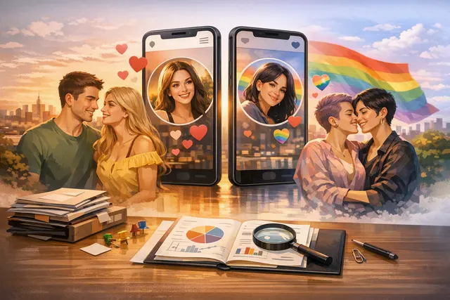 Editorial illustration of two distinct dating apps representing Hily and LGBTQI+-inclusive Taimi