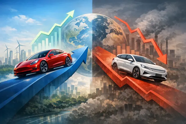 Tesla and BYD electric vehicles side by side on a road, representing the Q1 2026 global BEV sales race