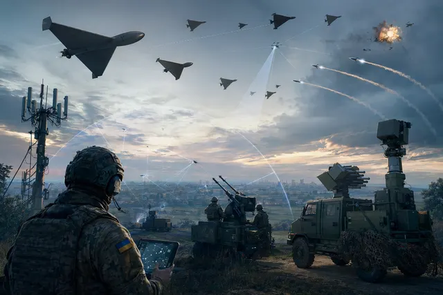 Illustration of layered drone defense systems intercepting incoming Shahed-style drones