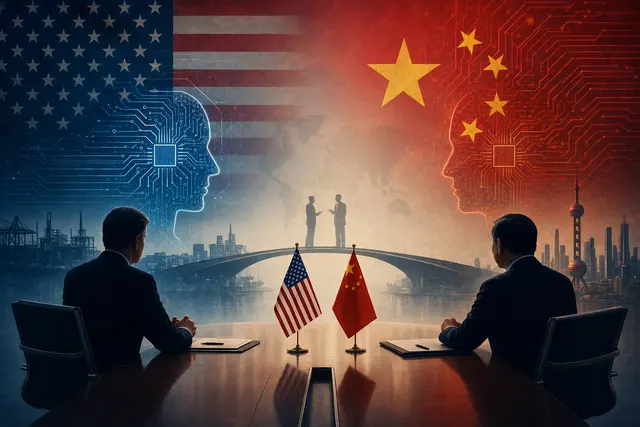 AI-generated editorial illustration about US–China negotiations over AI safety and competition