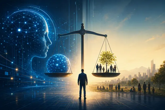 Editorial illustration representing human oversight of advanced artificial intelligence systems