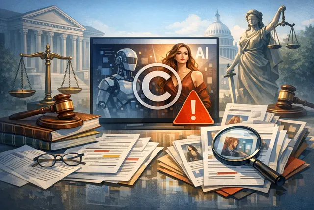 Abstract representation of AI-generated advertising imagery and copyright law documents