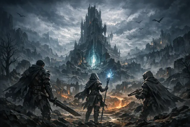 Dark-fantasy warrior facing a colossal mythical creature in a cooperative action RPG scene inspired by HoYoverse’s Nodus Fall