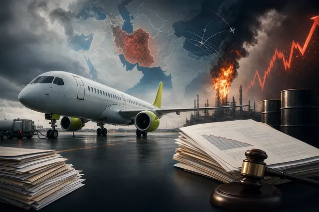 Illustration of an airBaltic Airbus A220 aircraft and financial restructuring documents