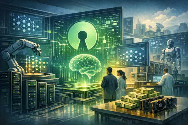 Editorial illustration of NVIDIA’s Poolside deal and its open-weight AI strategy