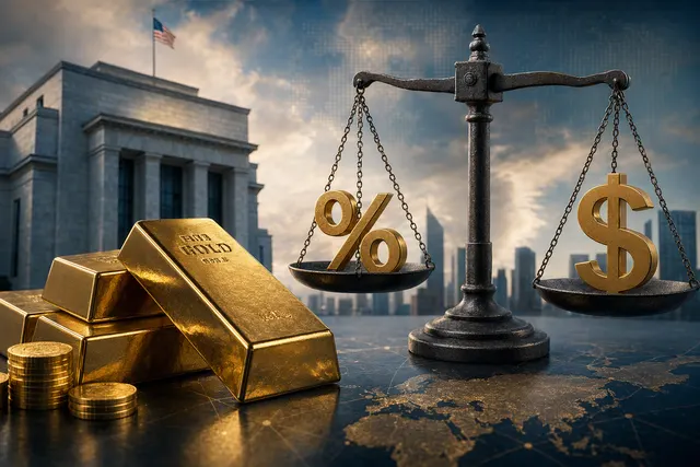 Editorial illustration of gold bullion and market charts, representing the forces behind gold’s stalled rebound.