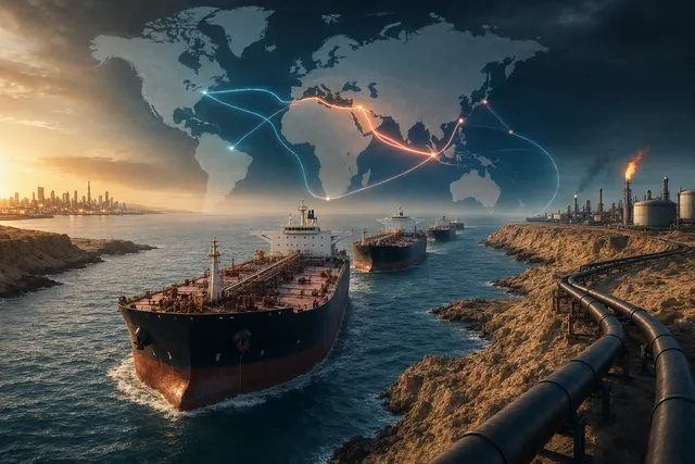 Editorial illustration of a very large crude carrier at sea, representing the global VLCC freight shortage