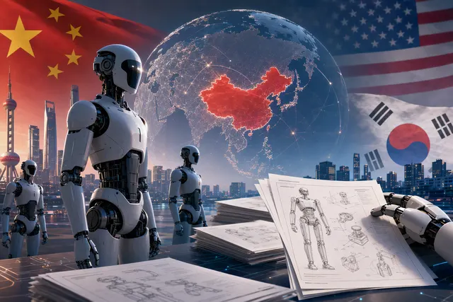 Editorial illustration of a humanoid robot representing the competition over robotics patents and manufacturing