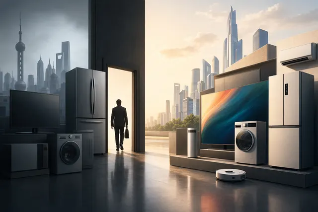 AI-generated editorial illustration of Samsung TVs and home appliances in China, representing competition from domestic Chinese brands.