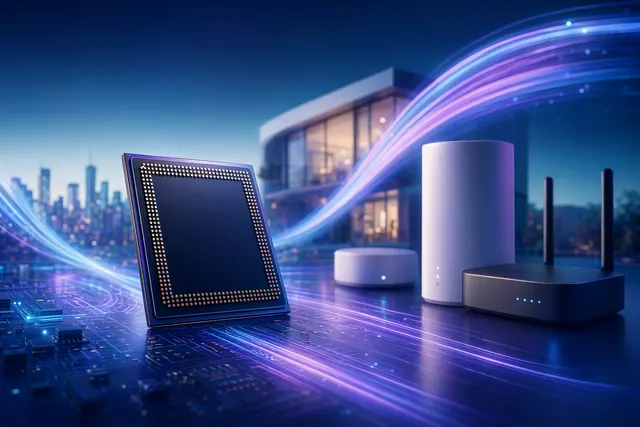 Illustration representing Qualcomm Dragonwing MBM chips powering AI-enabled broadband devices like smart displays and gateways