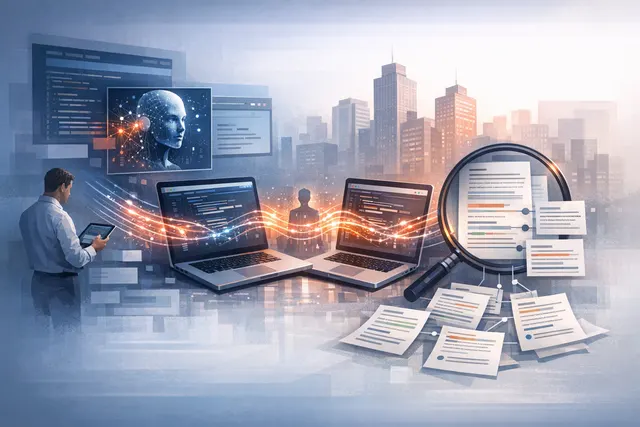 Conceptual illustration of an AI interface analyzing software code and financial charts, representing AI-driven due diligence and vibe coding in M&A