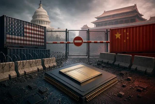 Illustration of Nvidia AI chips and geopolitical barriers affecting exports to China