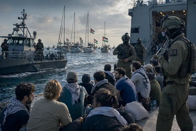 Illustration representing the interception of the Gaza‑bound Global Sumud Flotilla and the detention of activists
