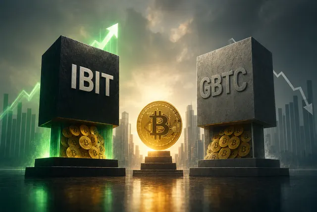 Editorial illustration of BlackRock IBIT and Grayscale GBTC competing in the Bitcoin ETF market