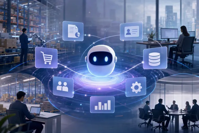Illustration of an AI work assistant linking enterprise systems and office applications