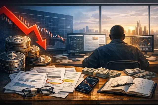 Illustration of a downward-pointing Ethereum chart with whale icons swimming upward and a sell-off arrow, representing Arthur Hayes selling ETH at a loss while whales accumulate.