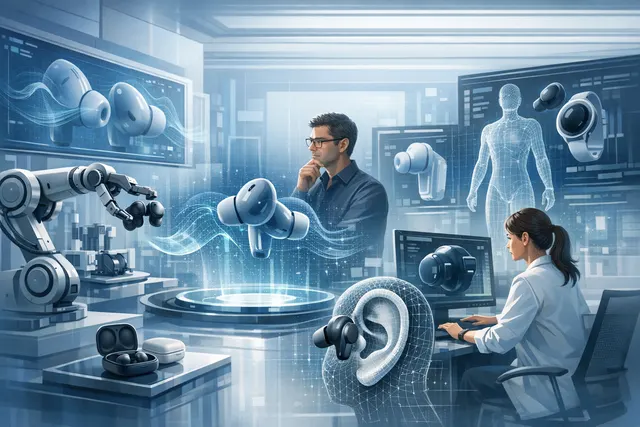 Abstract visualization of Samsung's AI-driven computational design process for wearable devices, showing digital twin models of an ear and robotic test arms.