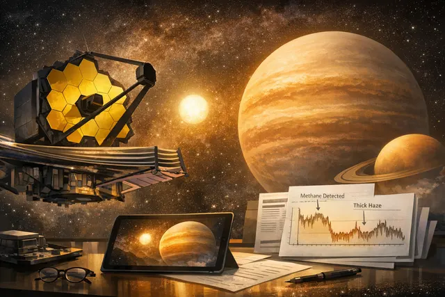 Artist's illustration of the exoplanet WD 1856 b, a Jupiter-sized world with a hazy, orange-brown atmosphere, orbiting a small white dwarf star in the dark of space.