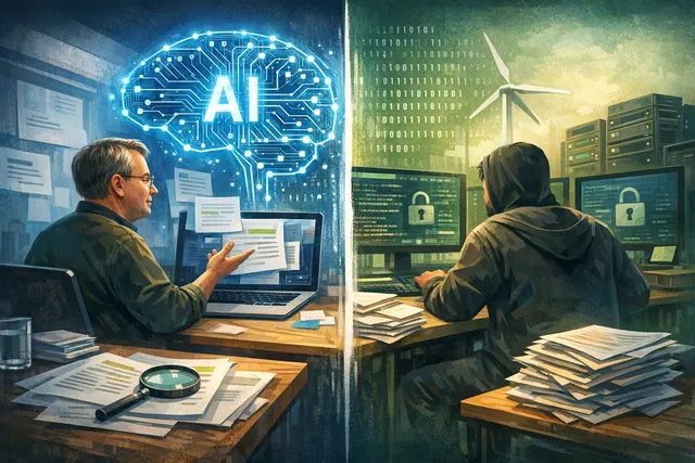 Abstract digital illustration showing two diverging pathways: one labeled 'Linux Kernel' with code symbols and an AI icon, the other labeled 'Debian' with a crossed-out AI icon, re