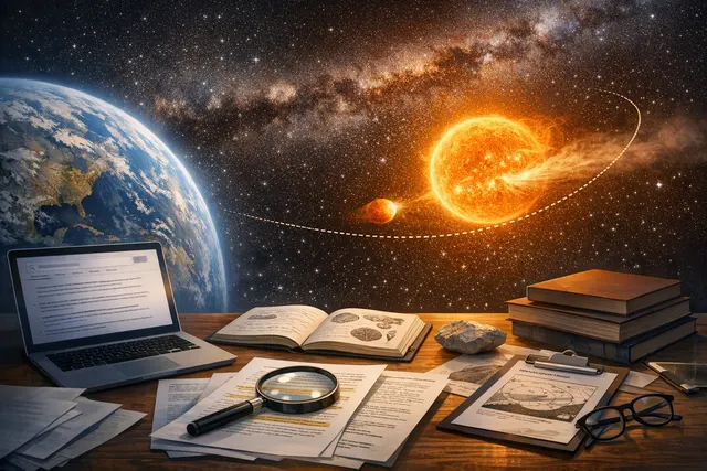 Illustration of a star passing close to the outer Solar System, perturbing the Oort Cloud and sending comets toward the inner Solar System.