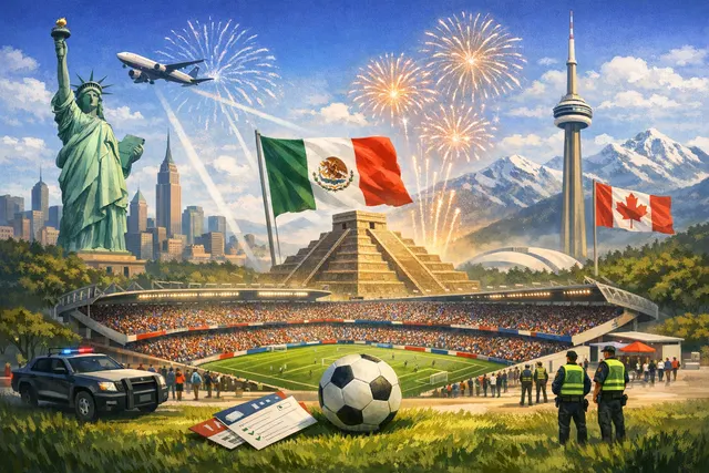 Aerial view of Estadio Azteca in Mexico City packed with fans for the opening match of the 2026 FIFA World Cup, with security deployments and stadium lights illuminating the field.