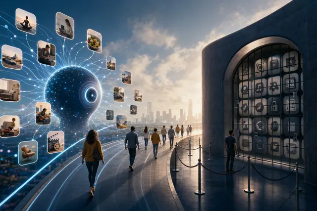 Editorial illustration representing Meta’s Muse AI agent and competition over app discovery and transactions.
