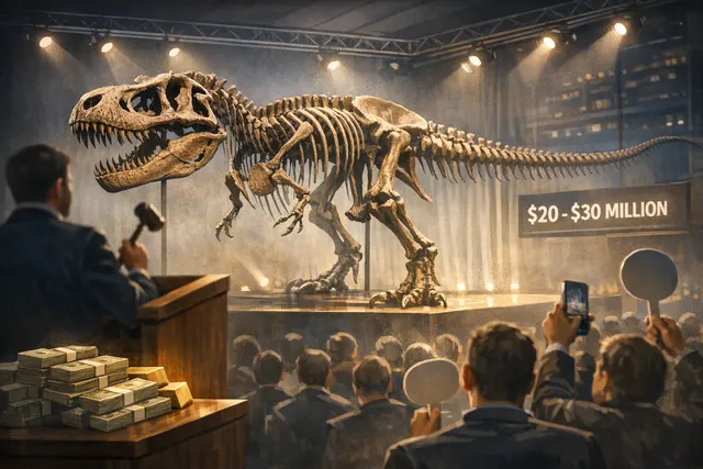 Artistic rendering of the Tyrannosaurus rex skeleton 'Gus' mounted in an exhibition space, highlighting its massive skull and bipedal stance.