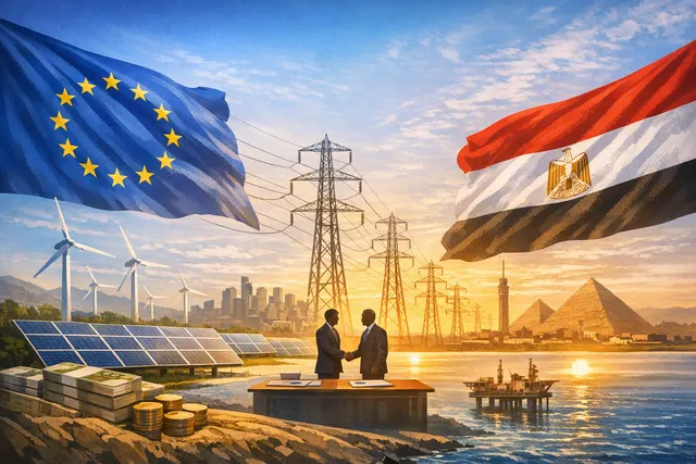Conceptual image of a modernised high-voltage power grid integrating renewable energy in a desert landscape, symbolising the EU-Egypt clean energy partnership.