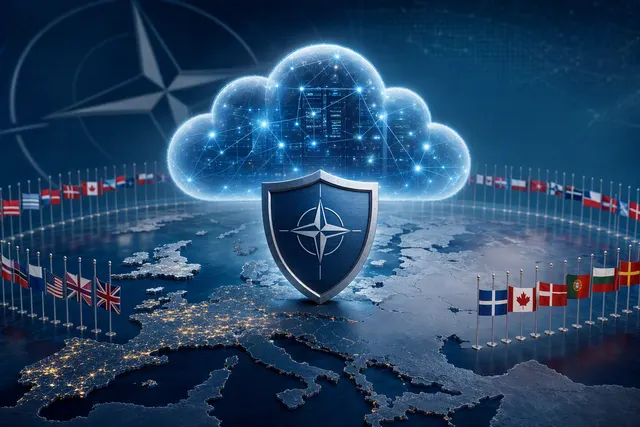 Editorial illustration of AWS cloud infrastructure and NATO RESTRICTED security approval