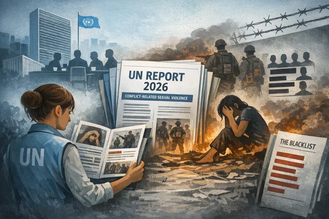 A UN report cover with a gavel and silhouettes representing conflict-related sexual violence