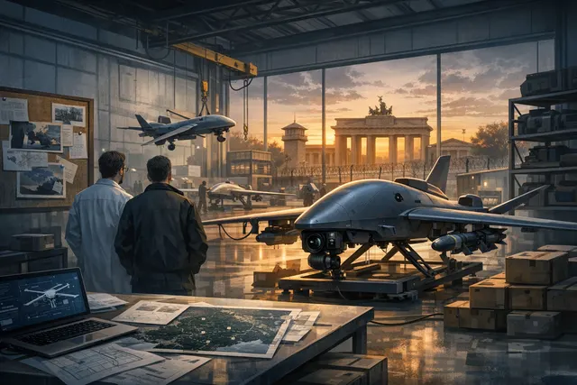 An AI-generated conceptual image of a covert production facility with drones on an assembly line and glowing digital interface elements, illustrating the secret German AI drone fac