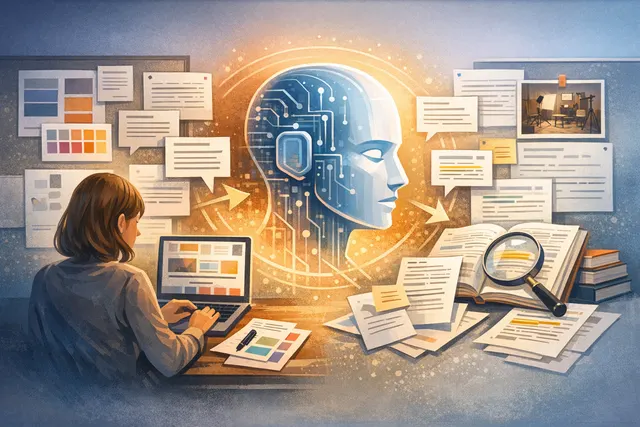 Abstract illustration of a brand voice document being fed into an AI chatbot interface