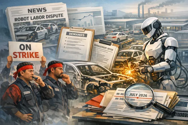 AI-generated editorial hero image for the article: The First Automotive Strike Over Humanoid Robots: Inside Hyundai's July 2026 Walkouts Over Atlas Deployment