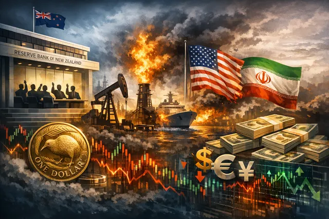 Illustration of global currency market volatility showing New Zealand dollar surging, overlaid on a background of a split vote tally and energy shock graphics.