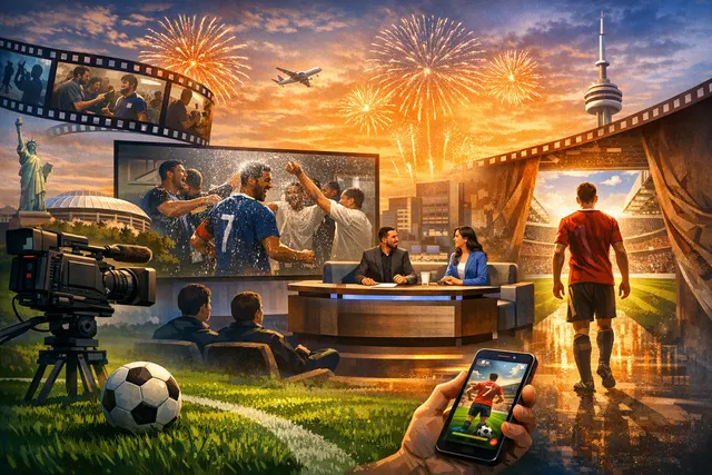 Netflix 2026 World Cup football programming slate with documentary titles, daily talk show concept, and FIFA game imagery