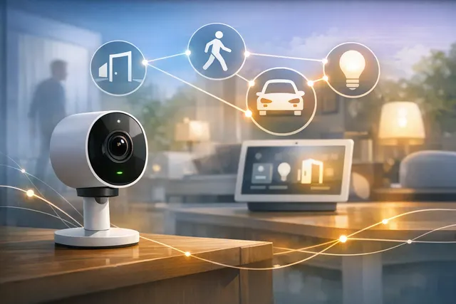 Google Home app interface showing a camera view with Gemini AI scene understanding and a new automation trigger based on visual insights