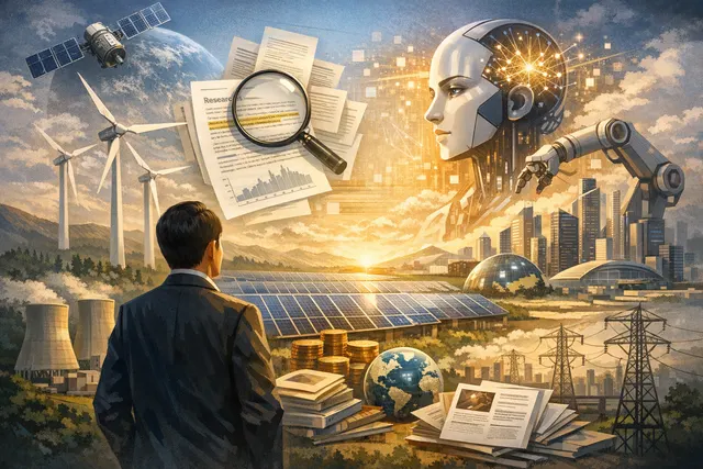 Masayoshi Son presenting at a conference with futuristic AI and energy infrastructure visuals in the background