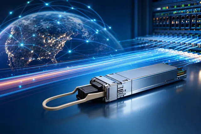 Illustration of high-speed optical networking infrastructure for AI data centers