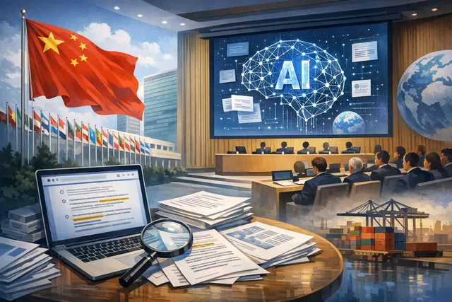A split image showing the United Nations in Geneva on one side and a network of AI circuits and data centres on the other, representing China's dual-track AI strategy.