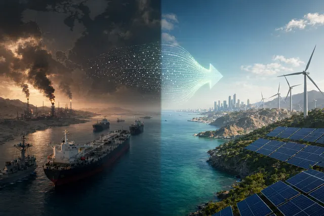 Global energy transition concept showing oil shipping chokepoint and renewable energy replacing fossil fuel dependence