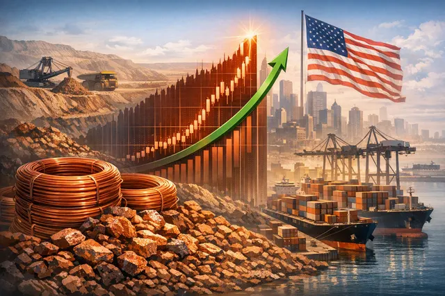 Surging copper prices chart overlay on copper wire and industrial background, representing record Comex copper futures in 2026