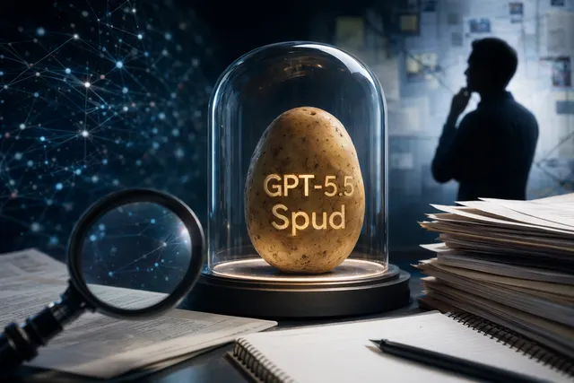 抽象 AI 模型核查視覺，象徵 GPT-5.5 Spud 傳聞與官方文件比對