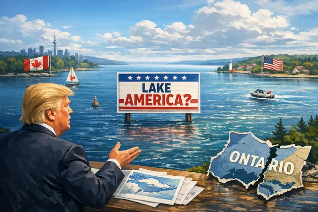 Illustration of Lake Ontario labeled “Lake America” amid U.S.-Canada tariff tensions